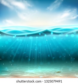 Realistic underwater marine background. Vector illustration. Realistic  marine scene with under water sand, sun beams and seashells. Banner with horizontal water surface and clouds.