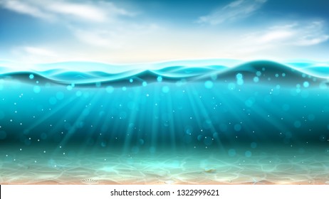 Realistischer Unterwasserhintergrund. Vektorgrafik. Realistische Meereslandschaft mit Sand unter Wasser, Sonnenstrahlen und Muscheln. Banner mit horizontaler Wasseroberfläche und Wolken.