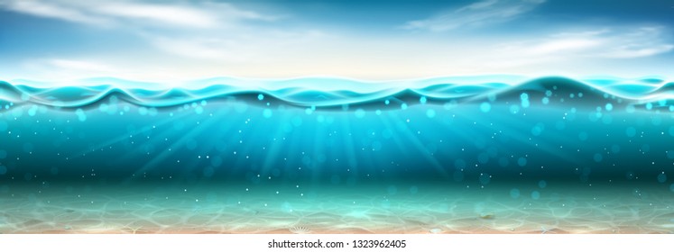 Realistischer Unterwasserhintergrund.Vektorgrafik. Realistische Meereslandschaft mit Sand unter Wasser, Sonnenstrahlen und Muscheln. Banner mit horizontaler Wasseroberfläche und Wolken.