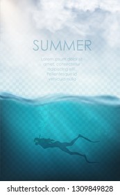 realistic underwater vector with clouds, diver and sea