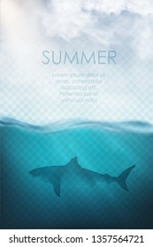 realistic underwater vector with clouds, shark and sea