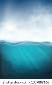 realistic underwater vector with clouds, shark and sea