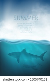 realistic underwater vector with shark, diver and sea