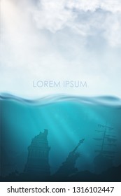 realistic underwater vector with shark, statue of Liberty and sea