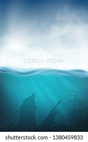 realistic underwater vector with shark, statue of Liberty and sea