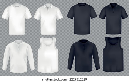 Realistic underwear for men set with blank white and black tshirts front view isolated on transparent background vector illustration