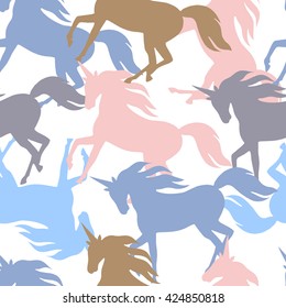 Realistic unicorn silhouette seamless pattern in pastel color. Vector