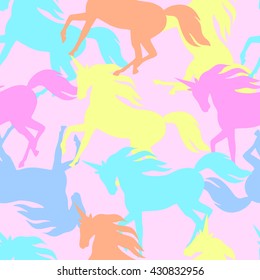 Realistic unicorn silhouette seamless pattern in pastel color. Vector