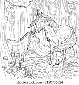 Realistic unicorns creature in the middle of the magic forest sketch template. Cartoon horse and baby in front of the moon trees graphic vector illustration in black and white for games, coloring book