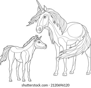 Realistic unicorns creatures sketch template. Cartoon horse and baby graphic vector illustration in black and white for games, background, pattern, decor. Coloring paper, page, story book, print