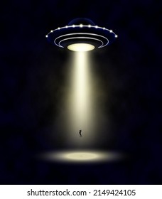 Realistic unidentified flying object in the smoke. UFO, alien abduction, area 51. Vector illustration