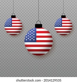 Realistic United States Flag with flying light balloons. Decorative elements for national holidays.
