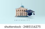 Realistic university building with graduate cap, 3D. For advertising and promotion of quality education at a university, academy, or college. Ancient architecture with columns. Vector