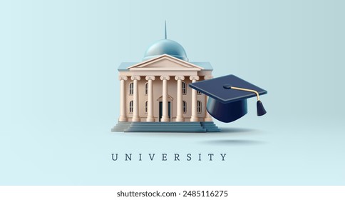 Realistic university building with graduate cap, 3D. For advertising and promotion of quality education at a university, academy, or college. Ancient architecture with columns. Vector