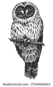 Realistic Ural owl bird illustration drawing in traditional hand drawn style. Woodcut or engraving ink style, scratchboard looking line art.
