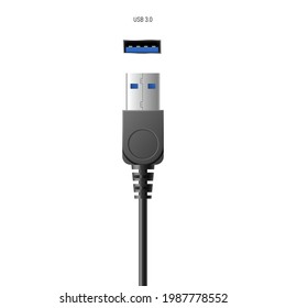 Realistic usb 3.0 connector plug and port for wired connection. Computer cable port for smartphone charger and pc data hardware transfer. 3d vector illustration