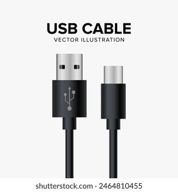 Realistic USB Cable Vector Illustration on White Background