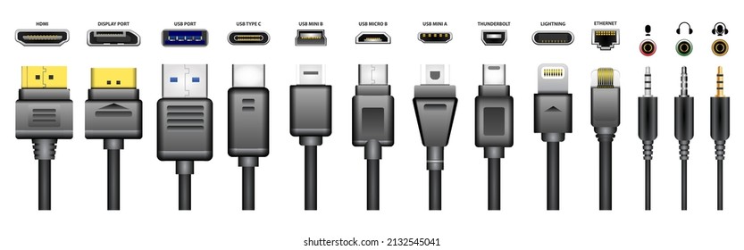 realistic usb connector for mobile phone, various socket plug in for gadget and electronics device. 