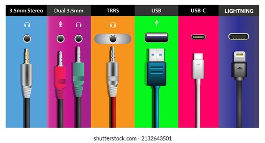 realistic usb connector for mobile phone, various socket plug in for gadget and electronics device.