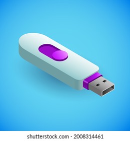 Realistic USB flash drive in isometry. Vector isometric illustration of electronic device, flash drive. Electronic gadget, USB, external drive in the horizontal position isolated on blue background