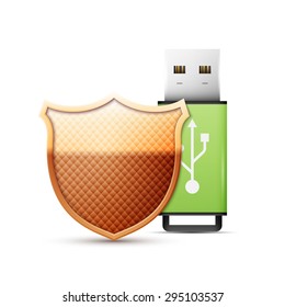Realistic Usb flash drive with shield icon isolated on white background. Vector Illustration