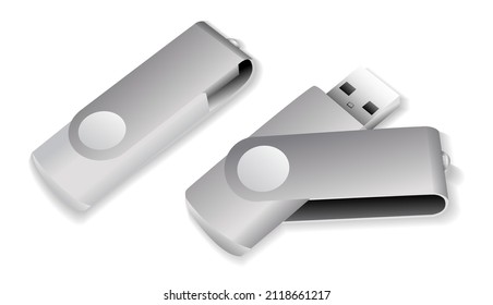 realistischer USB-Stick-Speicher mit Deckel offen einzeln auf weißem Hintergrund, Flash-Laufwerk-Set-Illustration.