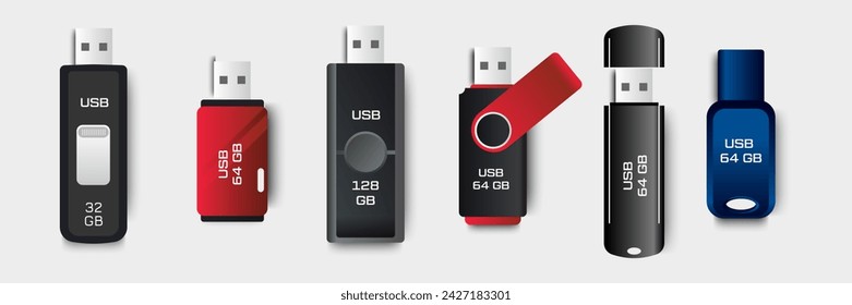 Realistic usb flash drive with style and different colour. isolated on white background. vector