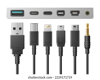 Realistic usb types. Smartphone ports, cables with different socket, digital devices connectors, 3d gadgets communications. Mini and micro lightning, computer cable connector utter vector set