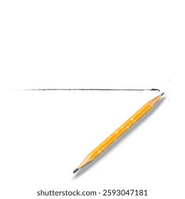 Realistic used wooden yellow pencil with a two sharpened tip drawing a thin black line top view, isolated on white background, blank copy space for slogan, poster or banner vector mockup.