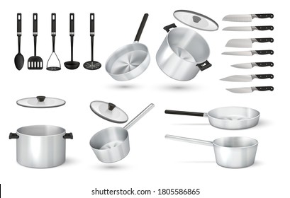 Realistic utensil. 3D steel cooking pots, metal frying pan and aluminum saucepan, knives and cooking tools. Vector isolated set image professional kitchenware