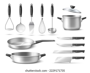 Realistic utensil. Metal kitchenware, cooking tools, pots and frying pans with lids, kitchen stainless accessories, different knives, skimmers and corollas, 3d elements, utter vector set