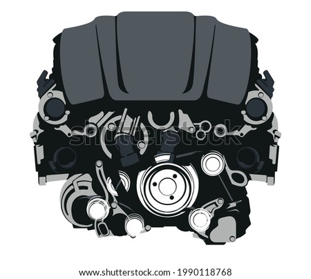 Realistic V8 engine with contour lines, vector illustration. 