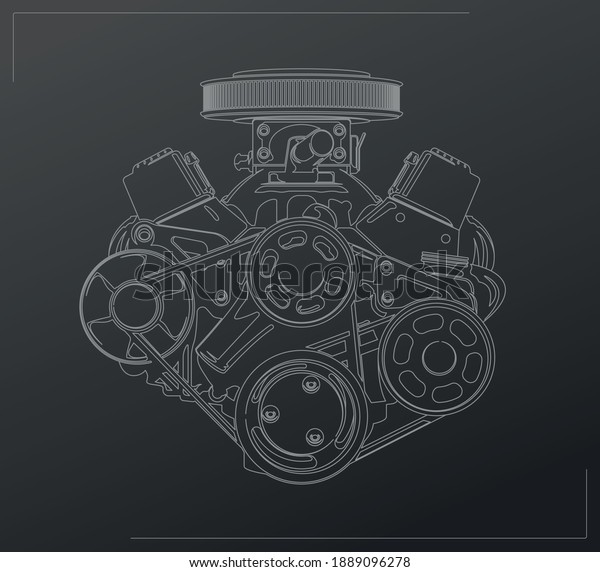 Realistic V8 engine with contour lines,\
vector illustration.