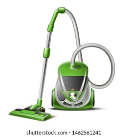 Realistic vacuum cleaner with hose and nozzle 3d icon. Household chores modern appliance. Vector electric machine for housekeeping, sweeping dust. Home cleanup tool. Cleaning instrument.