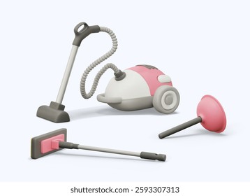 Realistic vacuum cleaner, plunger, mop. Set of vector templates for advertising cleaning business services. Vector composition for shop of tools and electrical household appliances