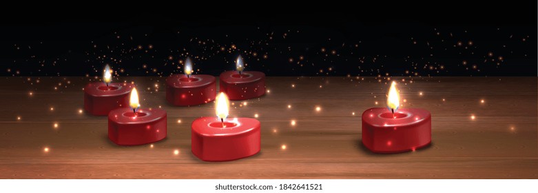 Composición de fondo de velas valentinas realistas con imágenes de velas ardientes con forma de corazón adorable con partículas de luz ilustración vectorial