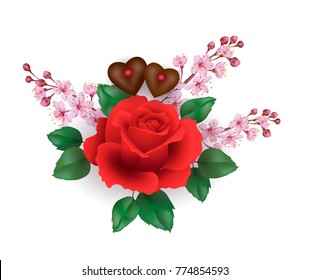 Realistic Valentine Day set red rose chocolate flower. Pink cherry sakura spring blossom heart shape candy romantic gift date present love. 3d vector illustration