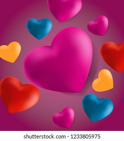 Realistic Valentine Hearts in pink Background . Vector Illustration