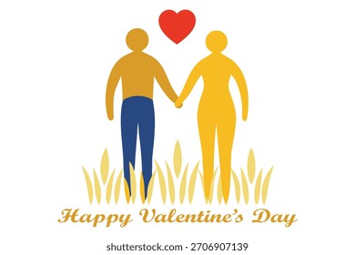 Vector realista de San Valentín de una pareja caminando mano a mano a través de la hierba alta, con cuerpos parcialmente translúcidos que revelan un corazón dorado brillante compartido. Diseño totalmente estratificado y editable.