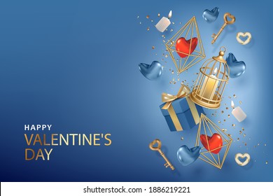 Realistischer Valentinstag-Banner. Eleganter Hintergrund mit goldenen Schlüsseln, Kerzen, Herzen und Vogelkäfig