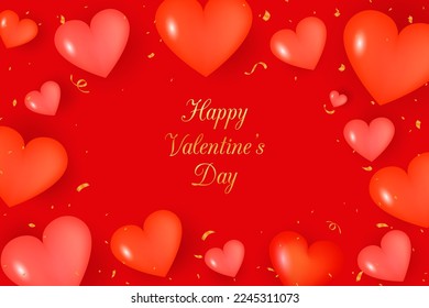 Realistic valentine's day background. Valentines Day banner. gold and red, lush lava, 3d heart shapes with glitter and confetti