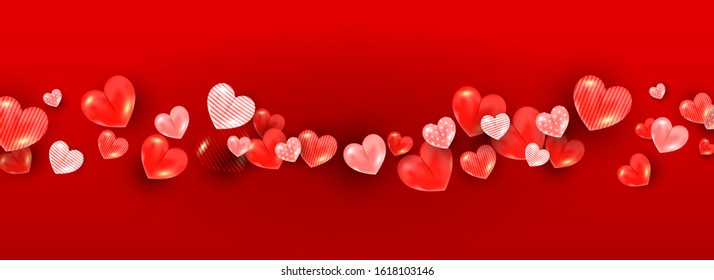 Realistic valentines day background with soft red 3d heart decor on a red background. Horizontal banner for article, sale discount, poster, invitation