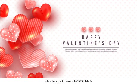 Realistic valentines day background with soft pink and red 3d heart decor on white background with copy space