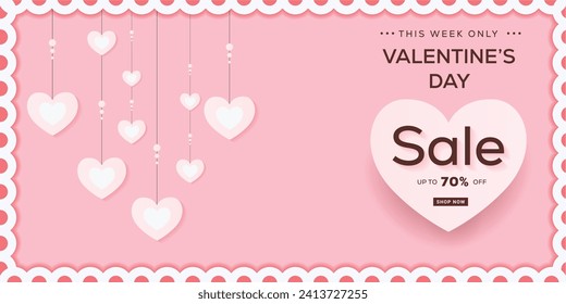 Realistic Valentine's Day Sale Banner With Hanging Hearts 