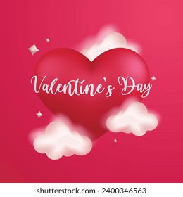 Realistic valentine's day vector with 3D heart, sparkles, and clouds