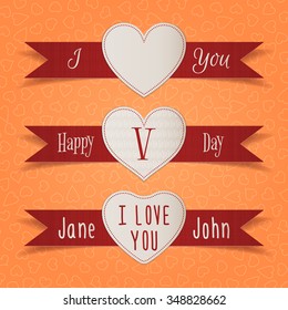 Realistic Valentines Day white Heart Label and red Ribbons Set on orange Background. Vector Illustration