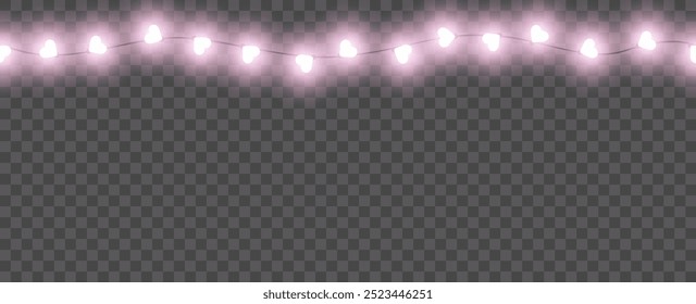 Realistic Valentines lights. Hanging Garland of pink hearts. Party banner, Happy Valentine's Day. Heart Shaped Lights Isolated On Transparent Background. Celebration background vector illustration
