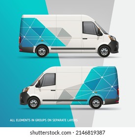 Realistic Van Mock-up with abstract blue branding graphics design. Van with corporate identity company. Abstract  graphics for delivery car, company van and racing car. Editable Corporate Van Branding