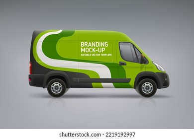 Realistic Van mockup with  branding design. Wrap, sticker and decal design for company. Abstract green stripes graphics on corporate vehicle. Branding on business transport. Editable vector