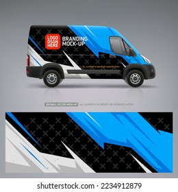 Realistic Van mockup with racing wrap decal or livery design. Abstract blue and black racing graphics backround. Editable vector template
